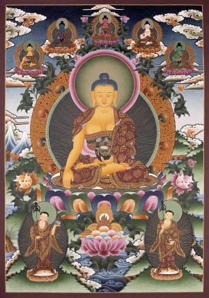 Shakyamuni Buddha Followed By 5 Dhyani Buddhas | Original Tibetan Buddhist Religious Thangka